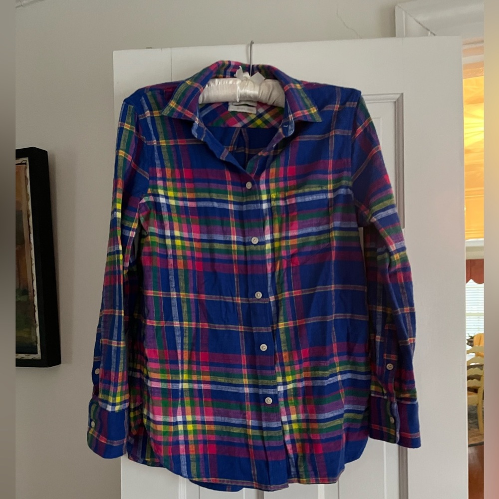 J. Crew royal blue, pink, yellow, green, purple 100% cotton flannel top! 💕